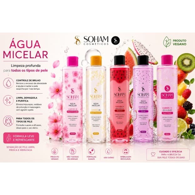 Agua Micelar limpeza facial toque suave vitamina C controle de oliosidade Soham Cosmético Vegano cuidado diário 310ml
