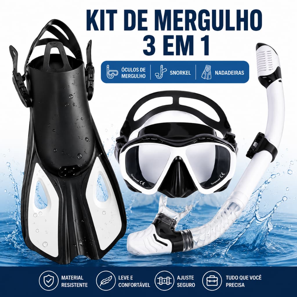 Máscara de Mergulho com Snorkel e Nadadeiras para Adultos - Visão Amplo, Silicone Confortável, Visão Subaquática Clara