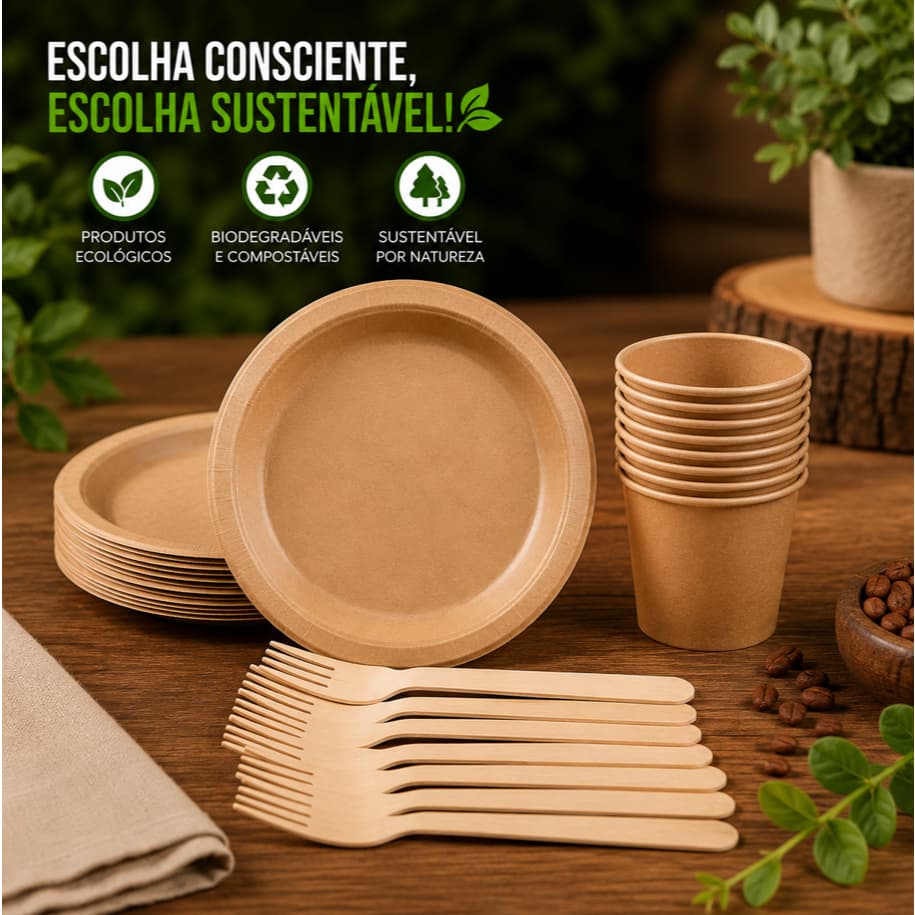 Kit Festa Ecológico Kraft Prato Copo E Garfo De Madeira 30 / 60 / 90 Peças Serve 10 20 Ou 30 Pessoas