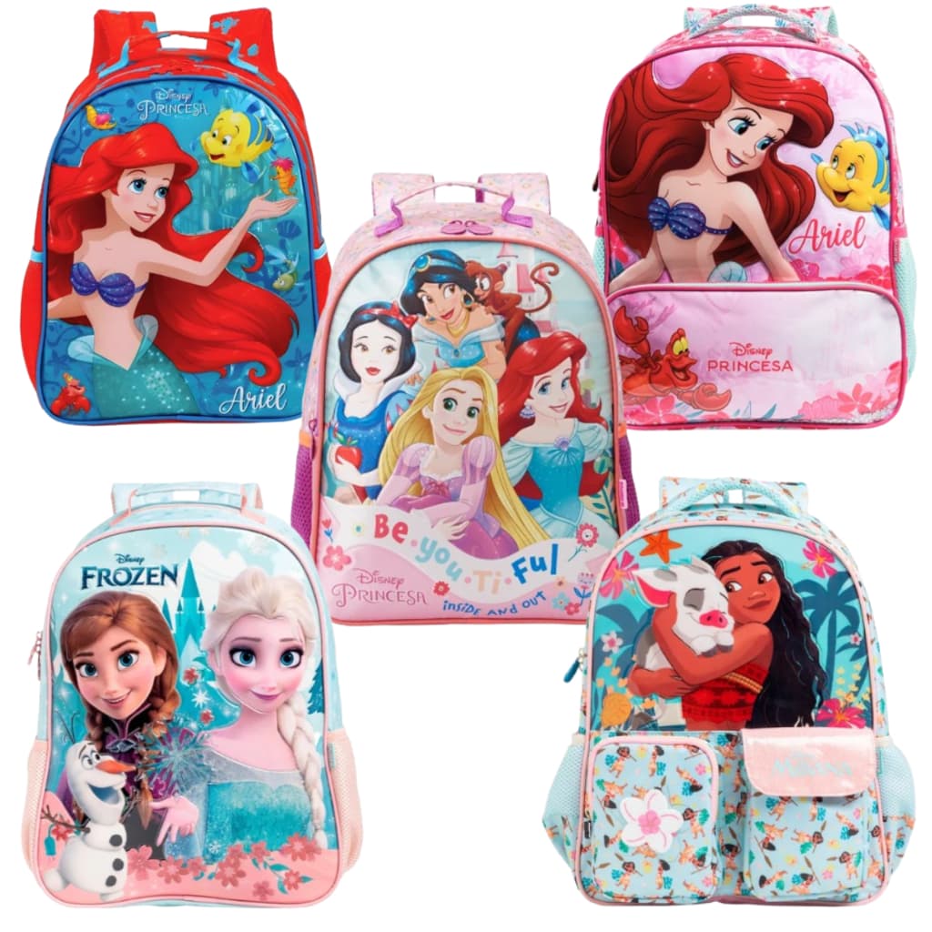 Mochila de Costas Feminina Princesas Disney Original Xeryus Tamanho 16  - Moana, Frozen, Ariel, Princesas