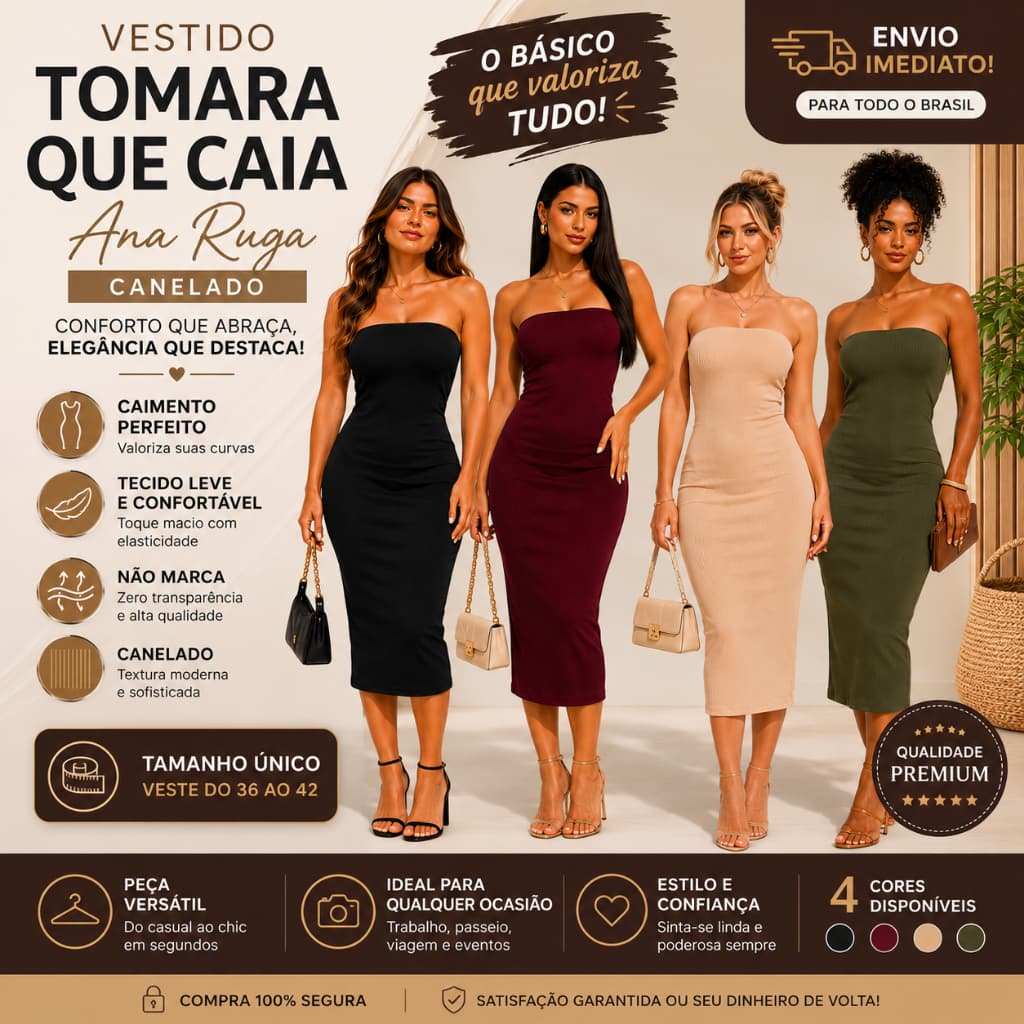 Vestido Midi Canelado Tomara que Caia Conforto Elegância Forro no Busto Tecido Anarruga