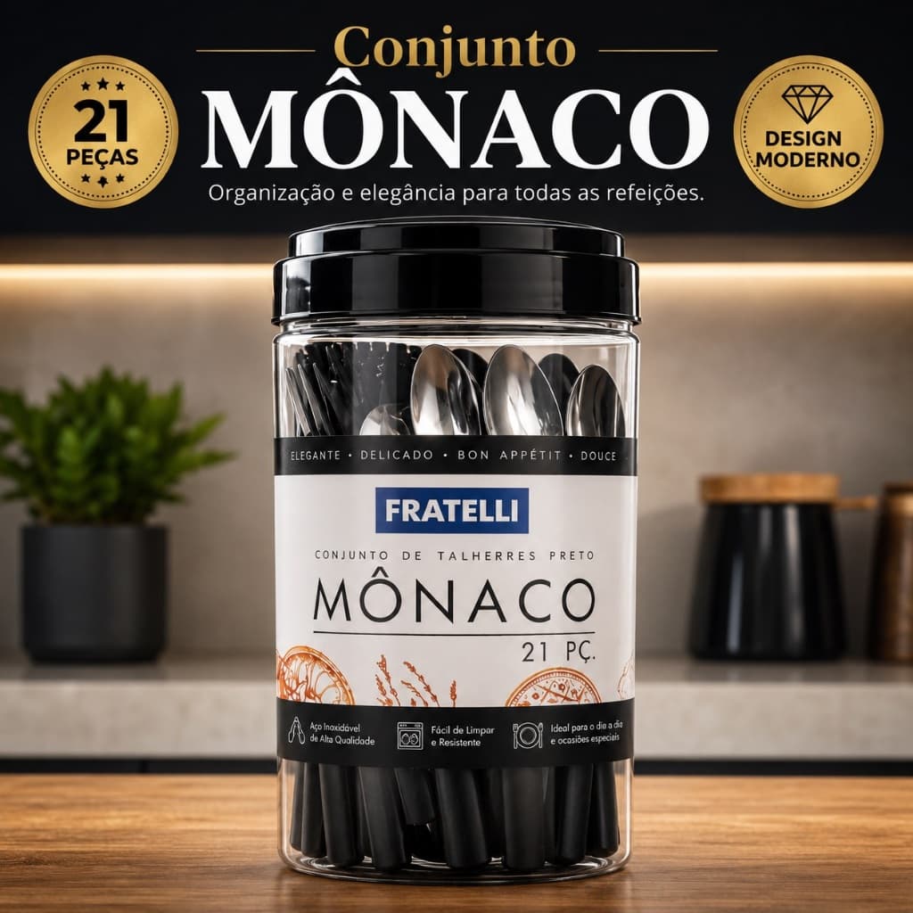 Conjunto de Talheres Mônaco 21 Peças Preto com Pote Organizador Aço Inox