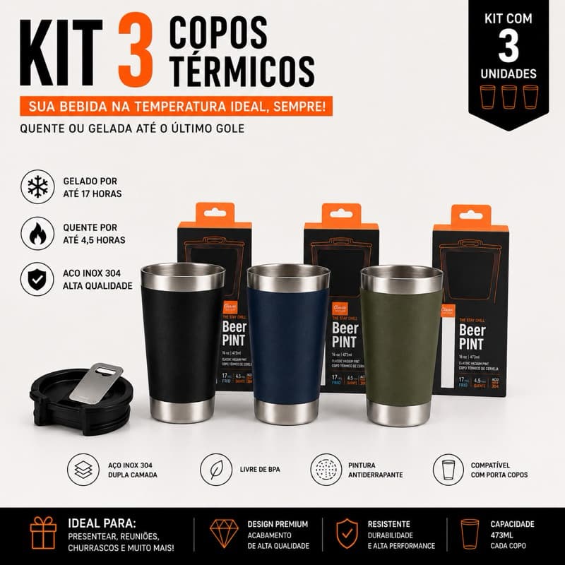 Kit 3 Copos Térmicos 473ml Inox Parede Dupla Conserva Gelado e Quente