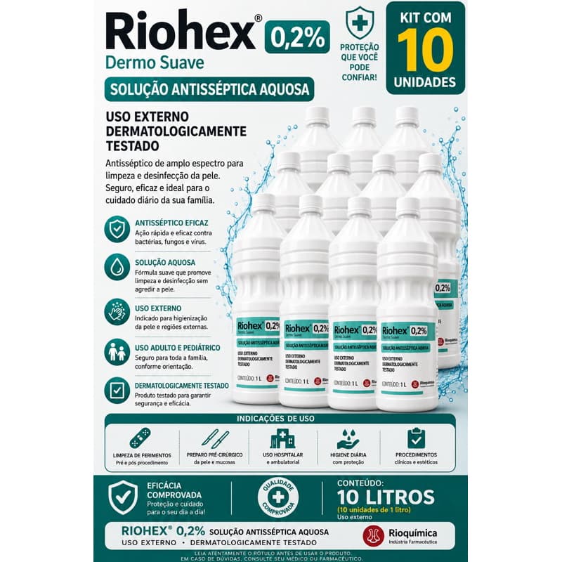KIT C/10 CLOREXIDINA 0,2% RIOHEX AQUOSA 1L - RIOQUIMICA