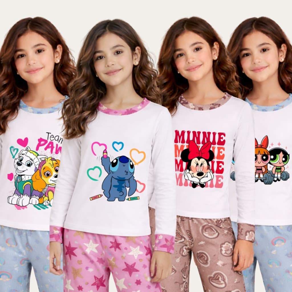 Kit 4 Pijama Infantil Menina Estampado Longo Personagens Fofos Inverno