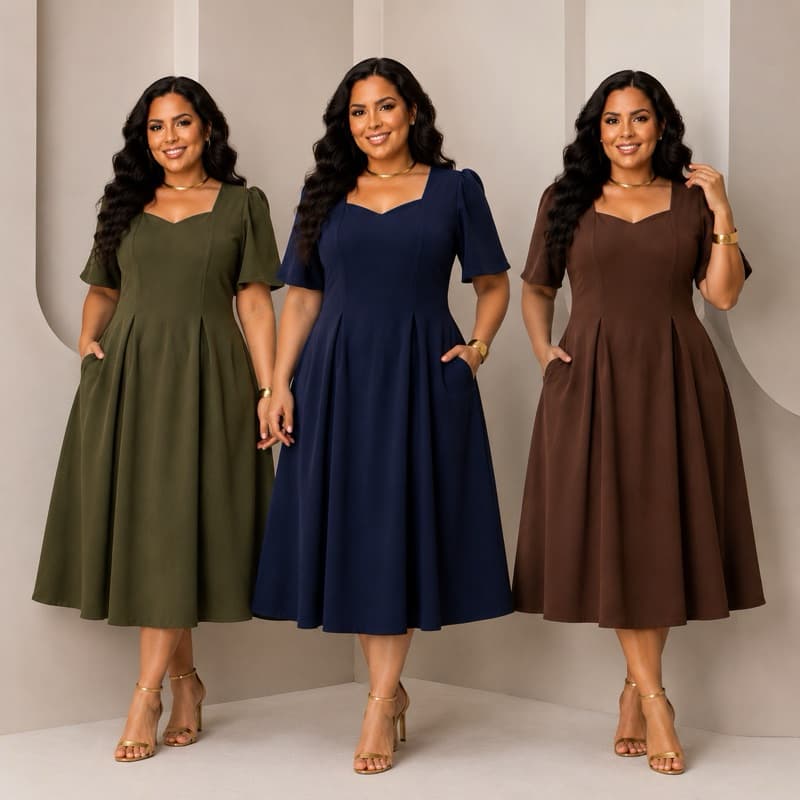 Vestido Midi Plus Manga Moda Evangélica Culto Premium Godê Exclusiva Tecido Duna Caimento Fluido Evasê Casual