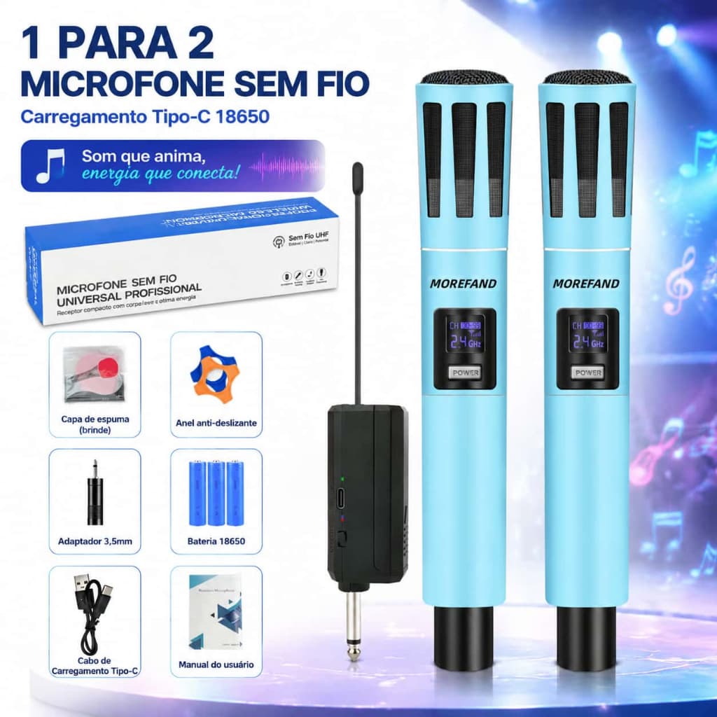 Microfone Sem Fio Duplo Profissional MOREFAND UHF Cardioide AI Redução de Ruído Recarregável USB-C para Karaokê e Event