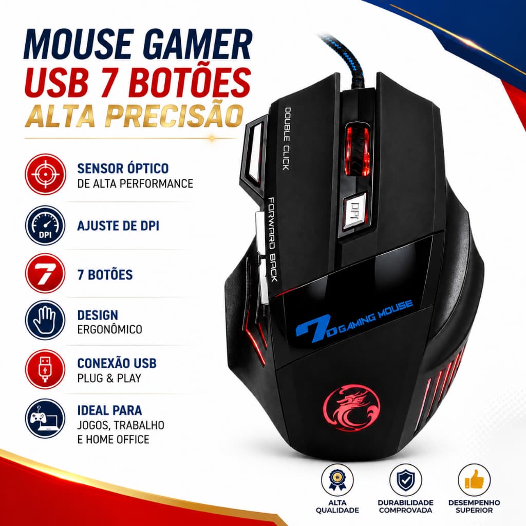 Mouse Gamer USB 7 Botões LED Ergonômico PC Notebook