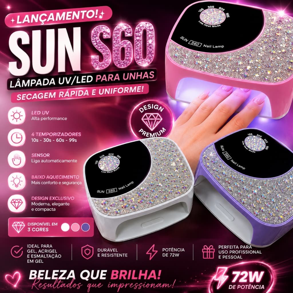 Cabine LED UV SUN S60 168W Profissional Secagem Unhas Gel Display Digital Bivolt