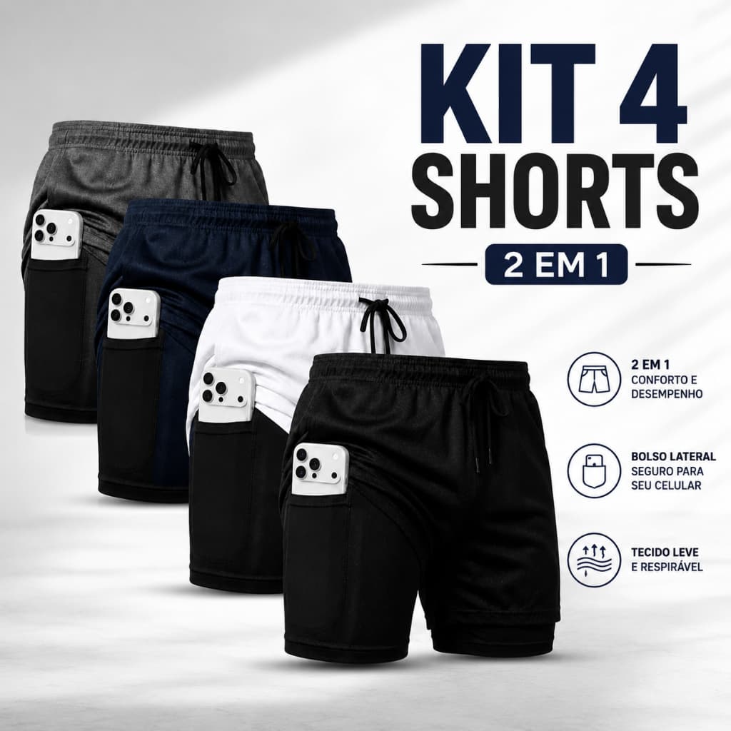 Shorts Masculino Bermuda 2 em 1 Esportivo Dry Fit Academia Treino Corrida Dia a Dia