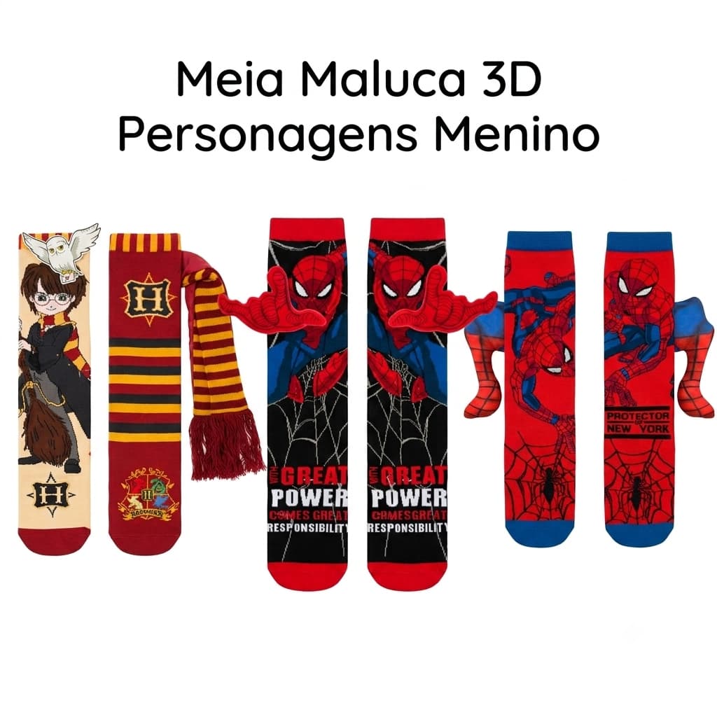 Meia Infantil 3D Cano Alto Personagem Aranha Bruxo HP Confortável