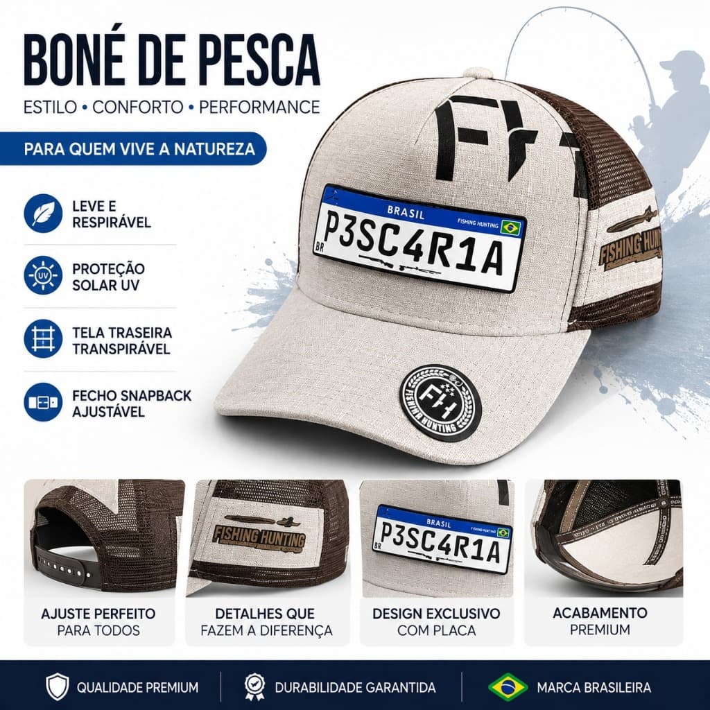 Boné Trucker Pesca Placa Brasil Aba Curva Snapback Ajustável