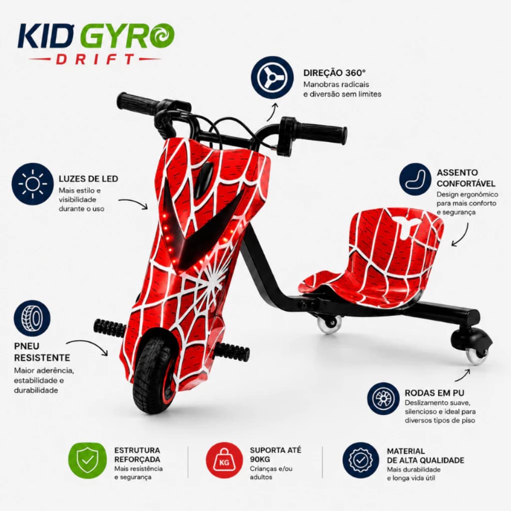 Triciclo Elétrico Drift 300w com Bluetooth Infantil e Adulto 3 Velocidades Led e Buzina 90kg 20km