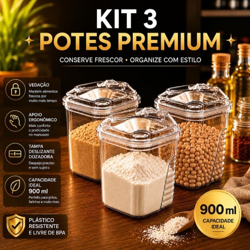 Kit 3 Potes Farinheiro Açucareiro Saleiro Dosador 900ml Tampa Deslizante Vedação Forte Porta Mantimentos