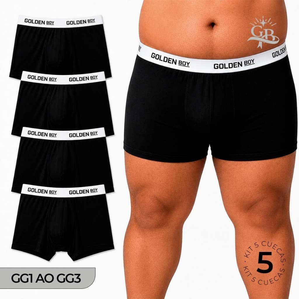 Kit 5 Cuecas Boxer Plus Size Preta Lisa Básica Confortável Tecido Respirável com Forro de Algodão