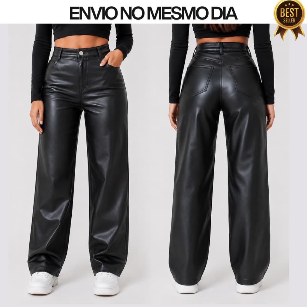 Calça Feminina Wide Leg Couro  Sintético Pantalona com Bolso Cintura Alta Moda Gringa