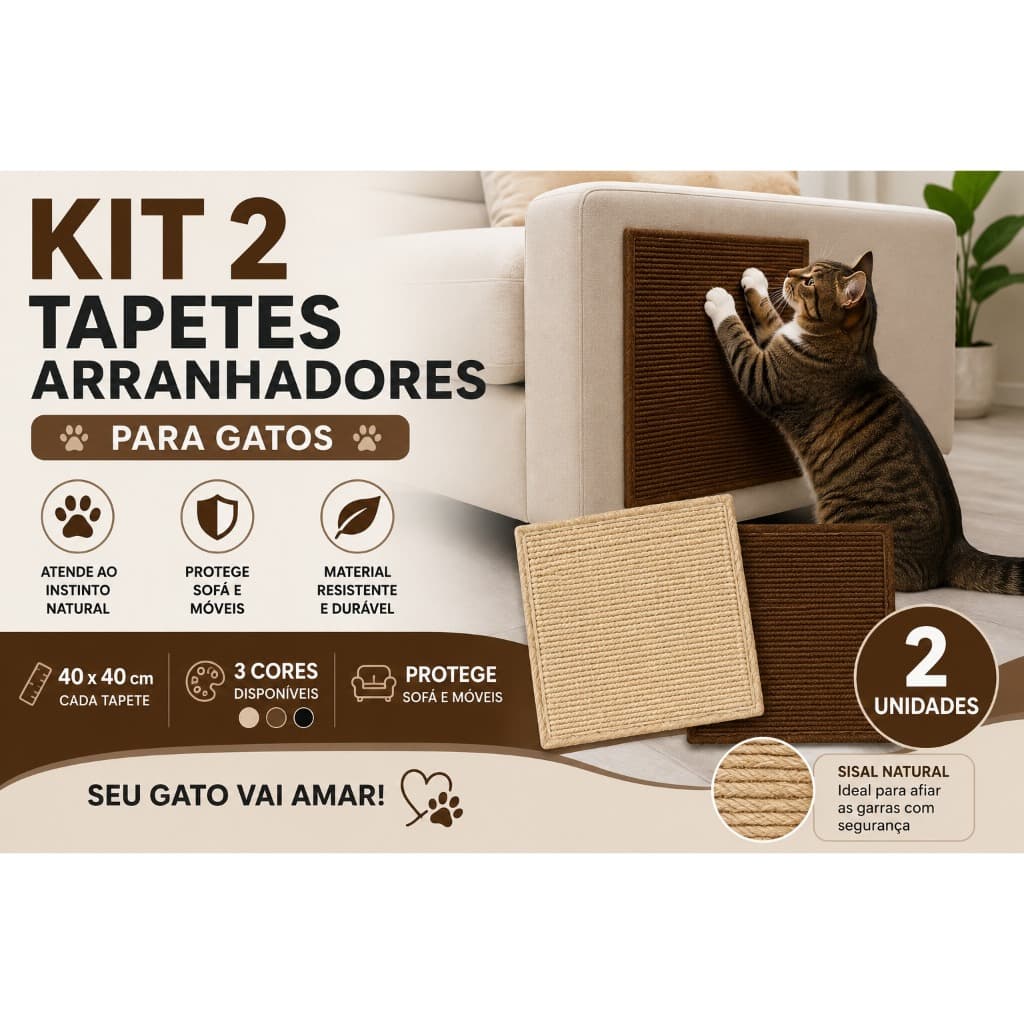 Kit 2 Tapetes Arranhadores para Gatos 40x40cm Sisal Protetor de Sofá Parede Móveis