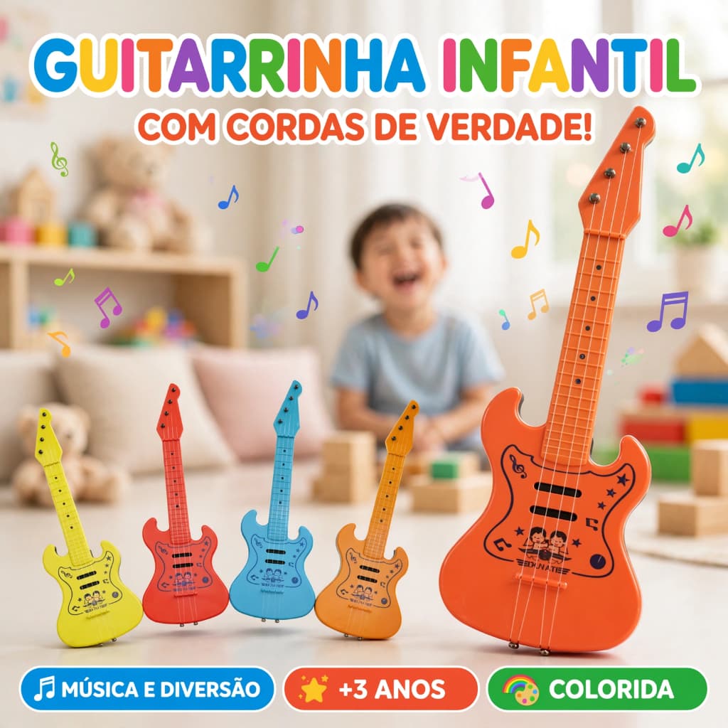 Guitarrinha Infantil Brinquedo Musical 4 Cordas Colorida Instrumento Infantil