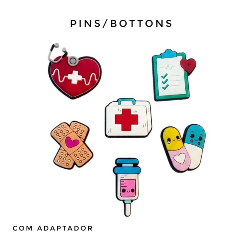 6 unidades Pins/bottons para calçados e sandálias enfermagem medicina saúde enfermeiro enfermeira com adaptador