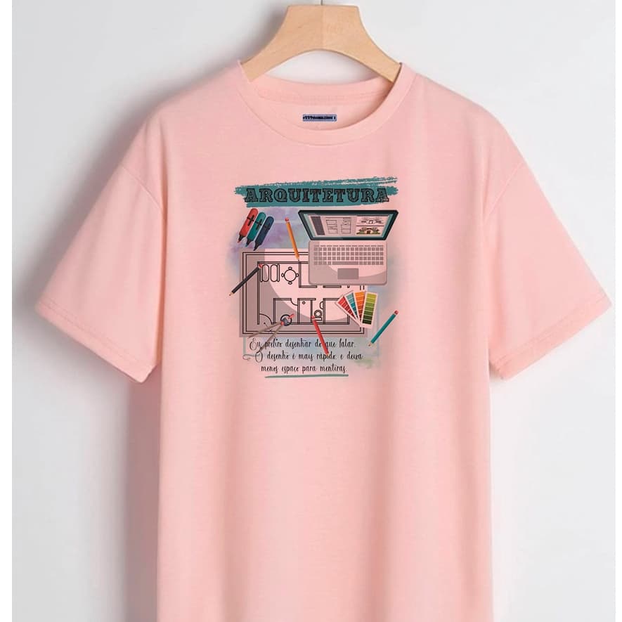 Camiseta Personalizada Rosa Bebê Estampa Arquitetura 100% Poliéster, Camiseta Manga Curta