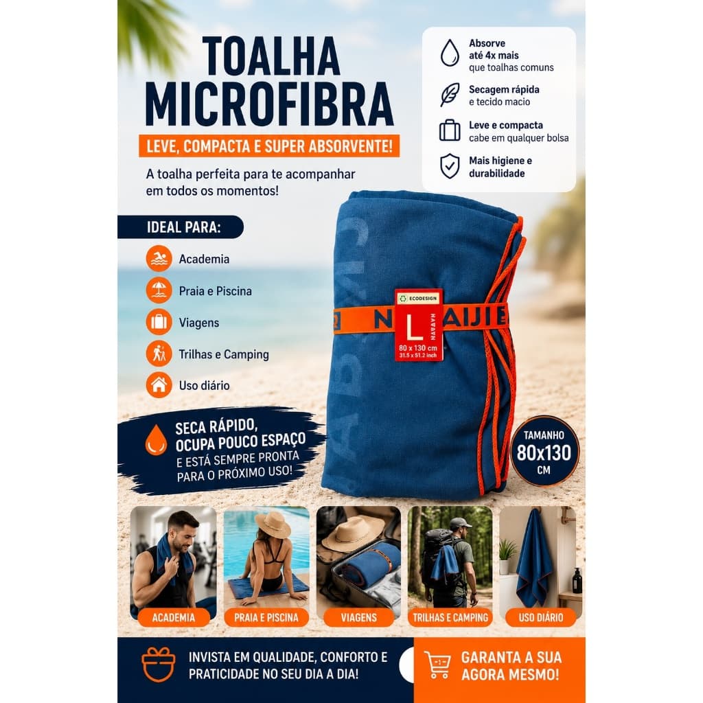 Toalha Microfibra Secagem Rápida Piscina/Mar/Natação 80x130cm Grande