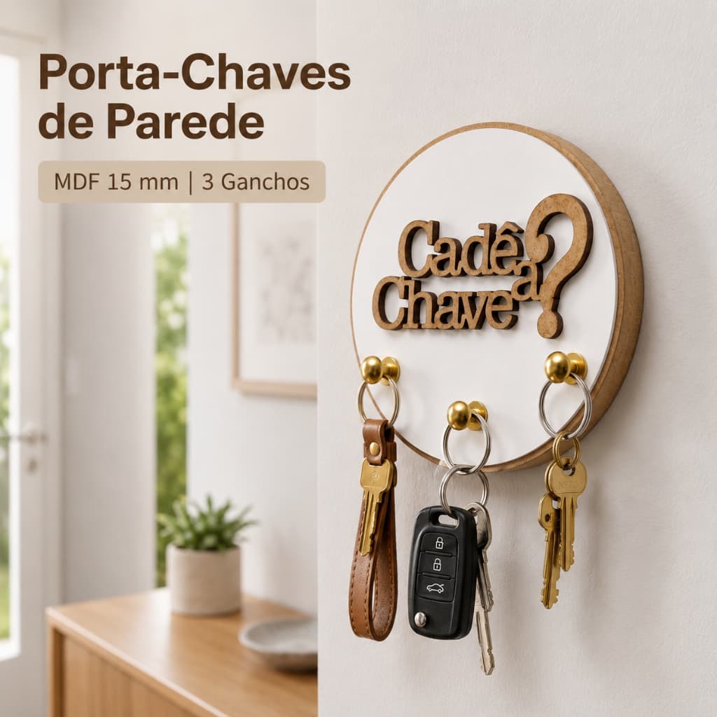 Porta Chaves de Parede Organizador em MDF 15mm 3 Ganchos Decorativo Cadê a Chave