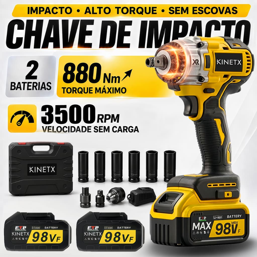 Combo Profissional Chave De Impacto KINETX Brushless 880Nm 98VF Bivolt Sem Fio + 2 Baterias, Mandril e 6 Soquetes