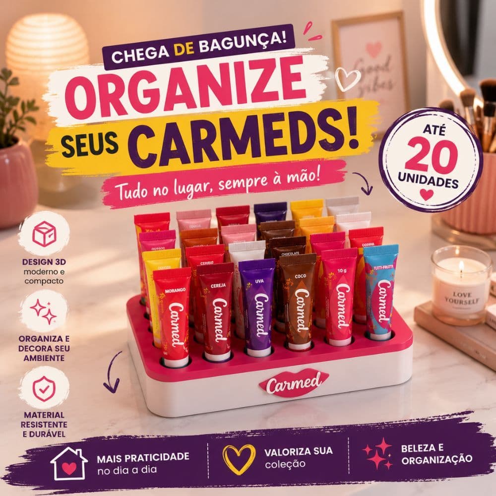 Organizador Carmed p/ 20 Lip Balms | Porta Protetores Labiais Presente Criativo p/ Penteadeira Teen