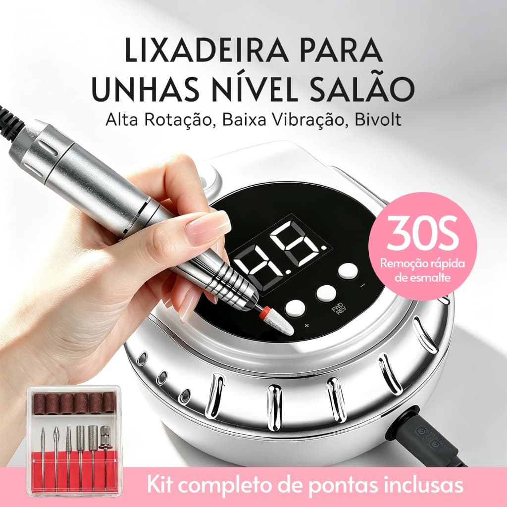 Lixadeira Elétrica Unhas 45000RPM Tela LED Bivolt 6 Pontas para Gel Acrigel Salão e DIY