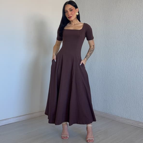 Vestido Longo Rodado Com Manga e Bolso 100% Algodão Premium Casual Elegante Festa Igrejas Eventos
