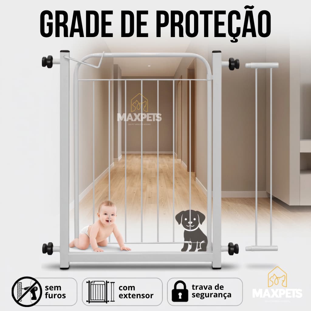 Grade de Proteção Portão para Bebê e Pet Cachorro com Extensor Trava de Segurança Instalação sem Furos