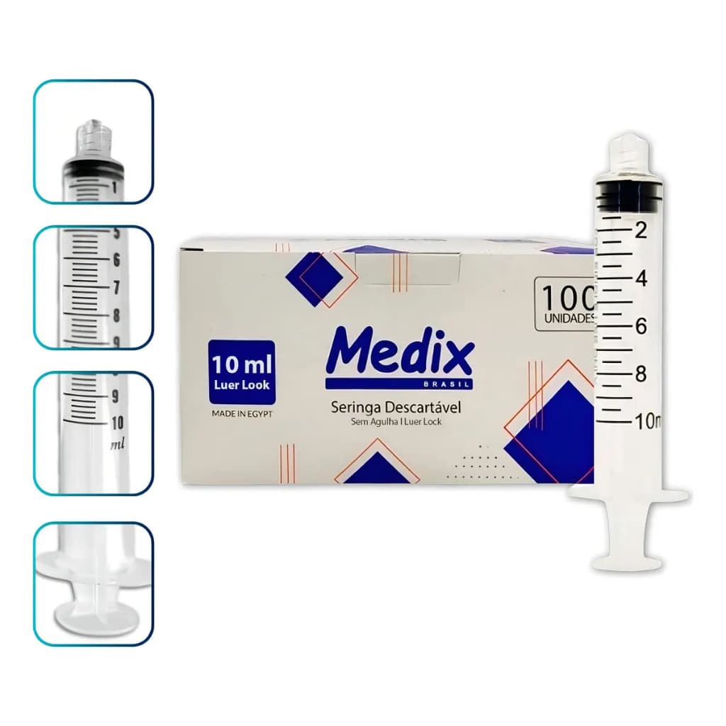 Seringa 10ml Luer Lock Bico Rosca Sem Agulha Caixa 100un