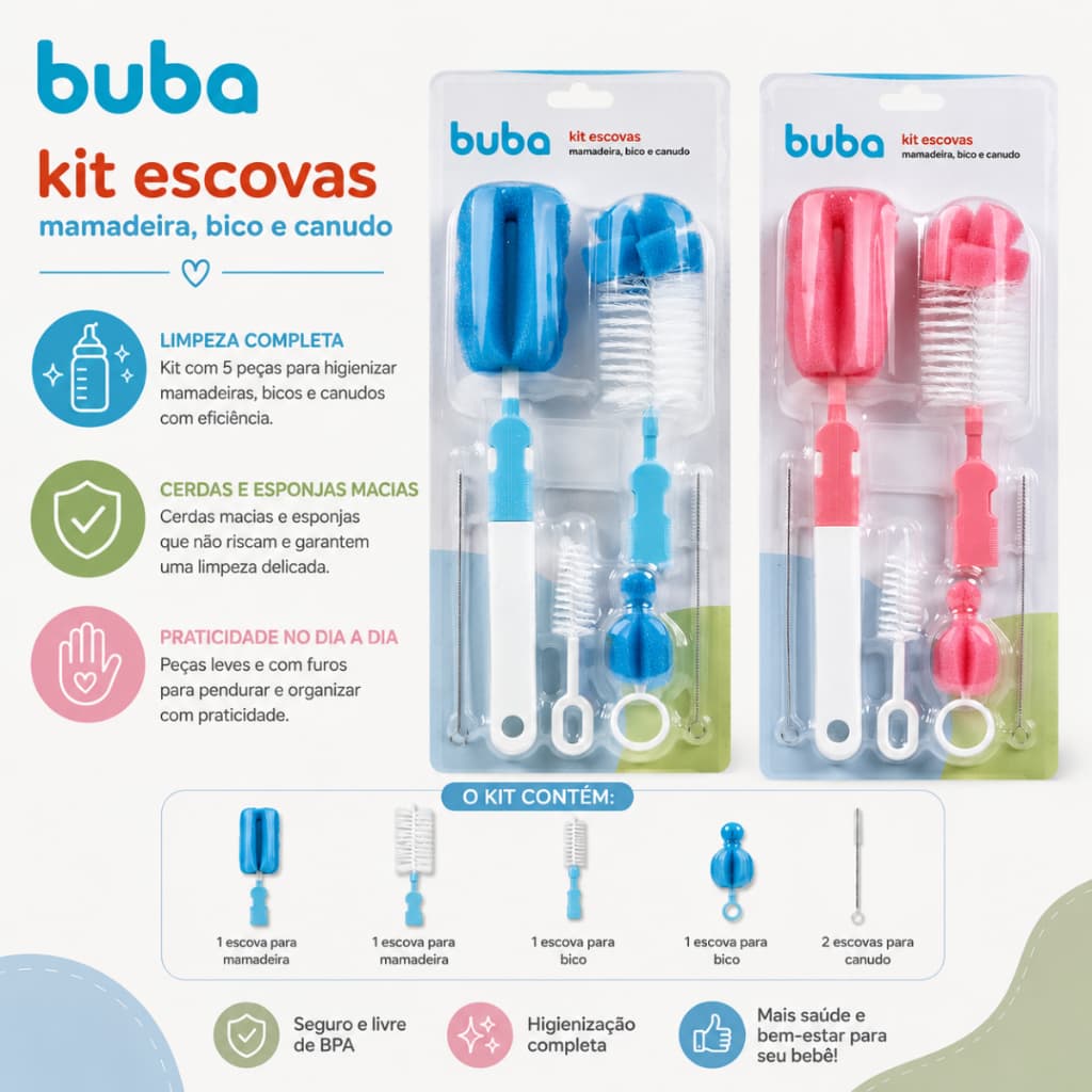 Escova para Mamadeiras Kit 5 Peças Buba Mamadeira Bico e Canudo