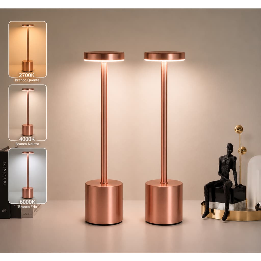 Kit 2 Luminárias Mesa Abajur Touch Led Dimerizável Luz Decoração Sem Fio 3000k Recarregável Rose Gold