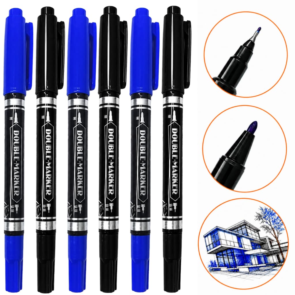 2/4/6 Marcador Permanente Ponta Dupla 1.0 e 0.5 Preto Azul Retro Projetor Caneta Fina Tecido Vidro