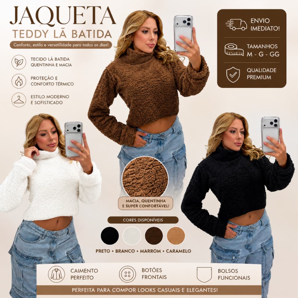 Blusa Feminina Inverno Teddy Cropped Peluciada Gola Alta Tamanho Único Veste M ao GG - Envio Imediato !!!