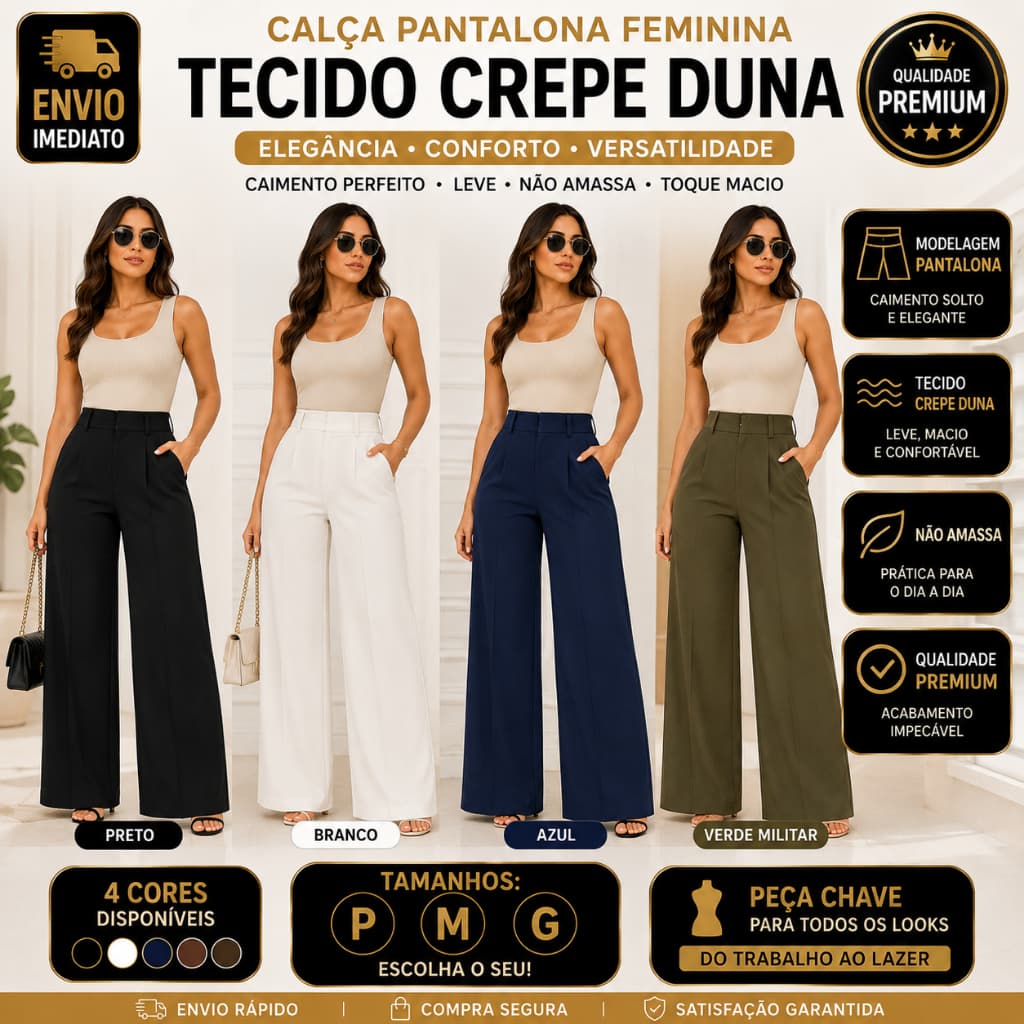 Calça Cargo Pantalona Feminina Wide Leg Crepe Duna Elegante Confortável - Envio Imediato !!!
