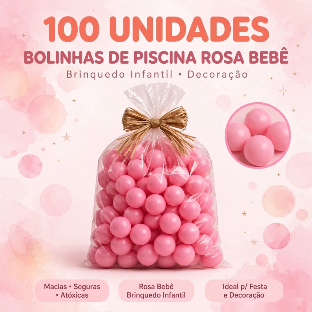 100 Unidades de Bolinhas de Piscina Rosa Bebê 7cm Atóxico Bolinha Colorida Infantil