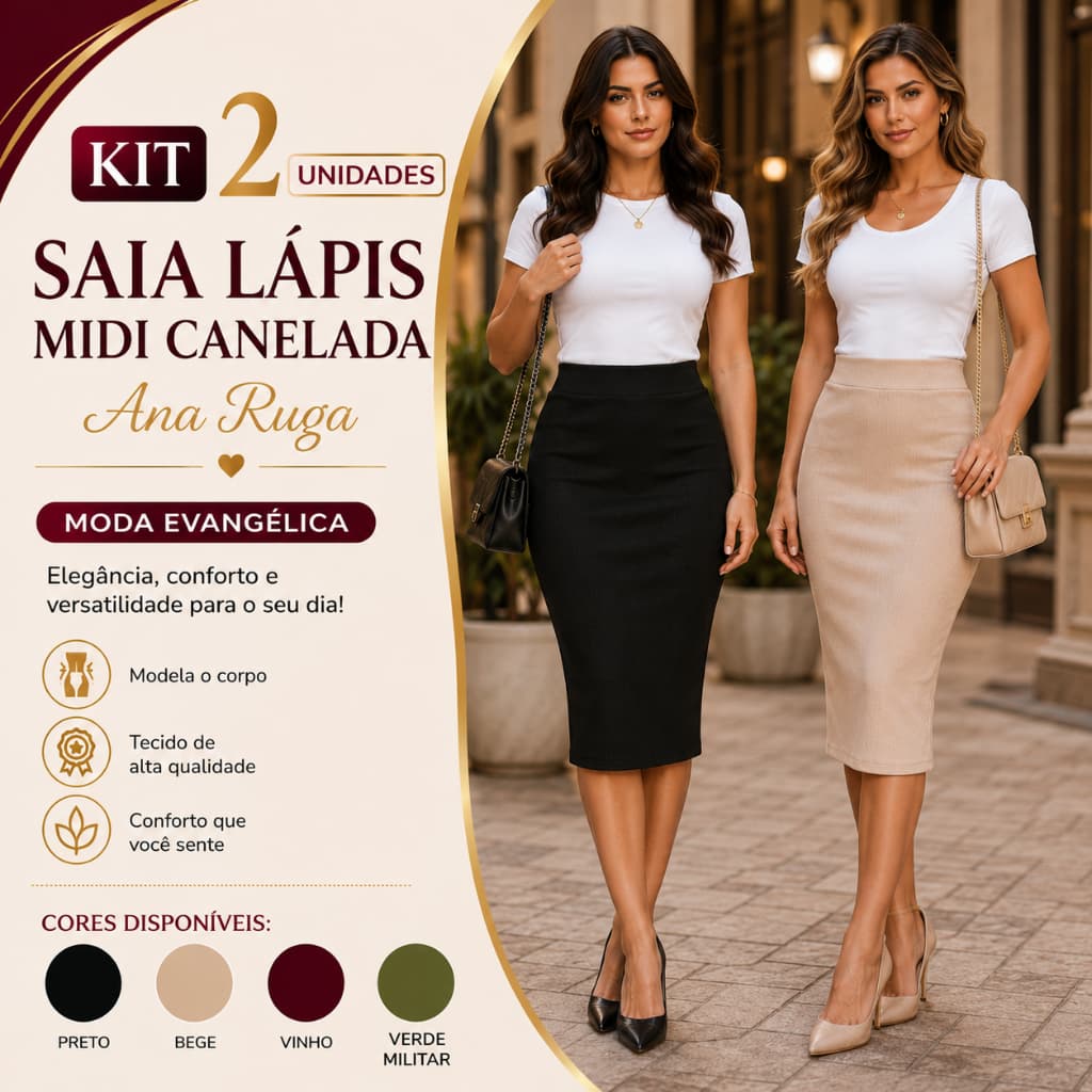 Kit 2 Saias Lápis Midi Feminina Cintura Alta Anarruga Canelada Moda Evangélica