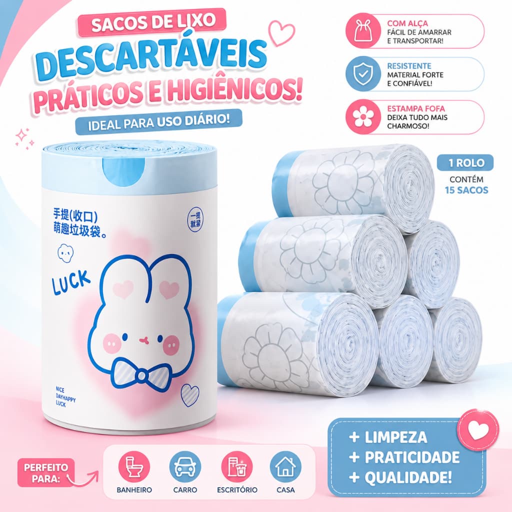Saco Cordão de Coelho Coração Azul com Impressão de Desenhos Animados para Cozinha 60/100 Peças