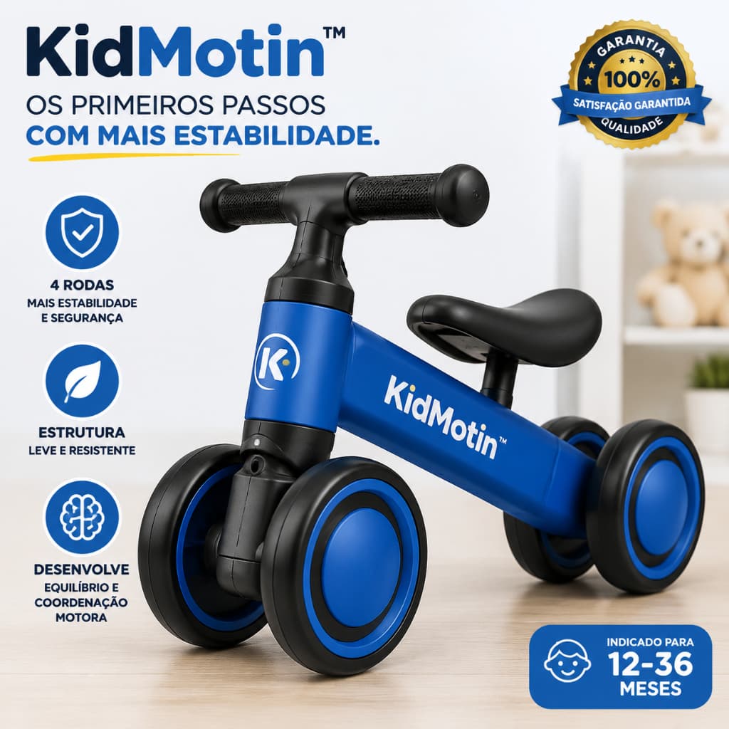 Bicicleta infantil Andador Equilíbrio 4 Rodas Quadriciclo Sem Pedal Primeiros Passos Estabilidade Segurança KidMotion
