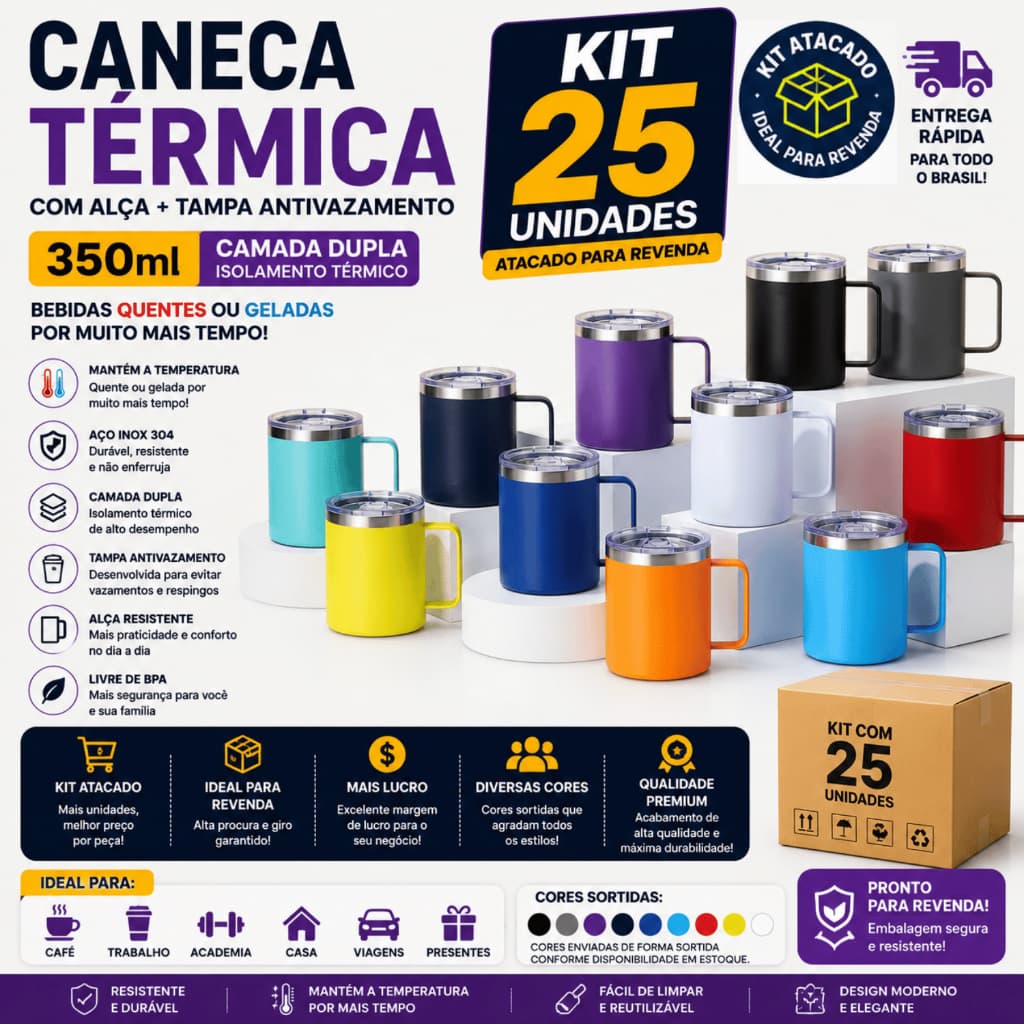 Kit 25 Caneca Copo Térmico 350ml com Alça Tampa Antivazamento Camada Dupla Água Café Trabalho