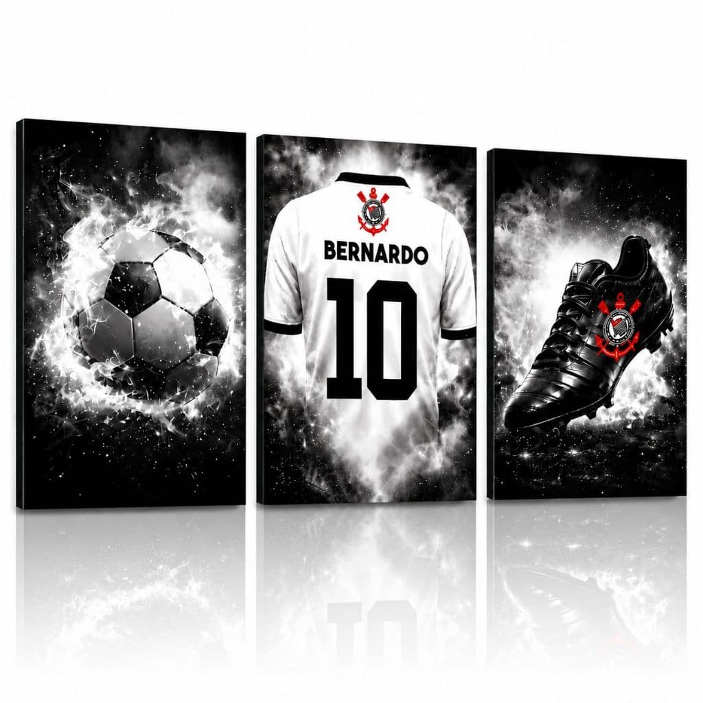 Quadros Decorativos 3 Peças Quarto Futebol Infantil Timão Personalizado – Bernardo