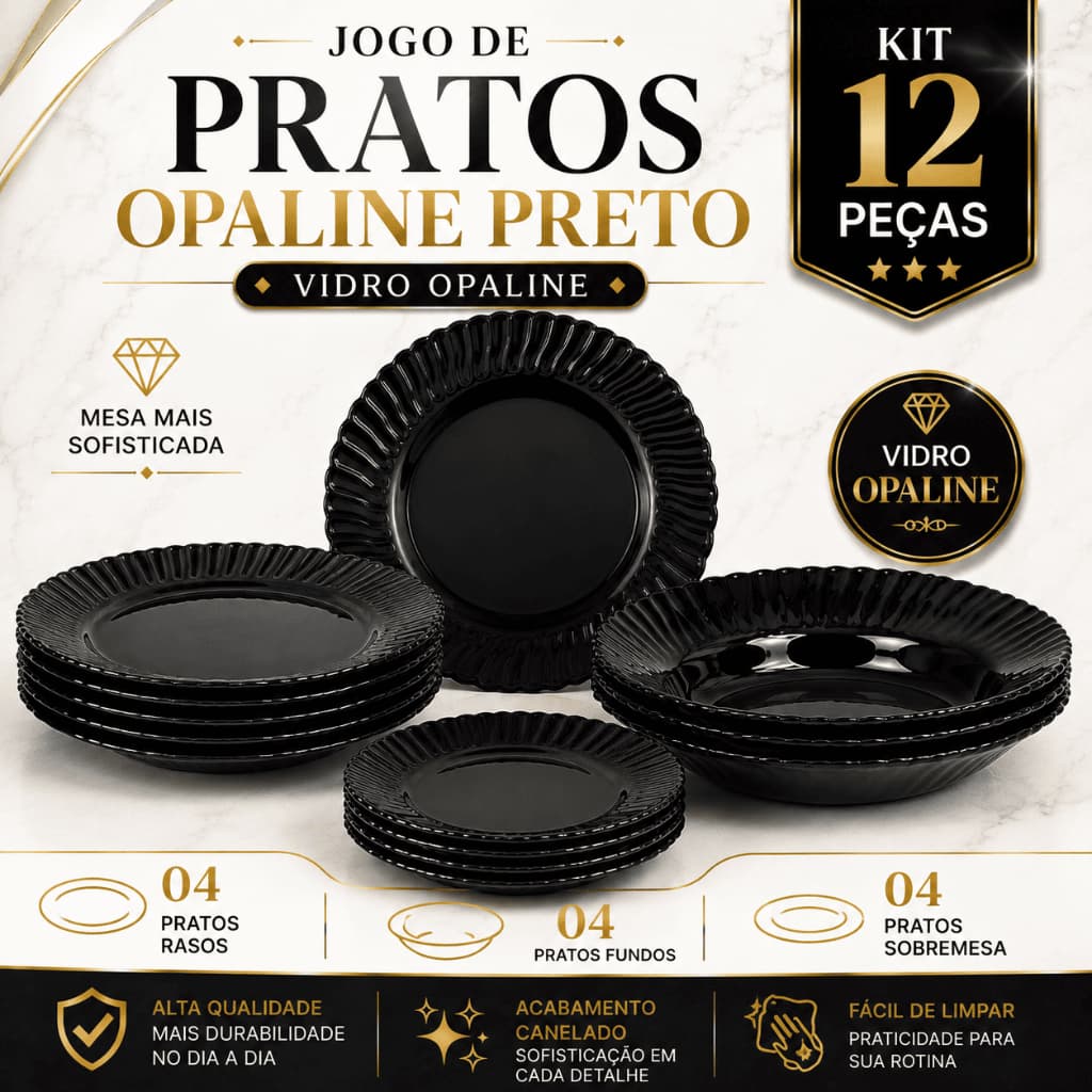 Kit 12 Pratos Opaline Preto Canelado 4 Rasos 4 Fundos e 4 Sobremesa Resistente Temperado