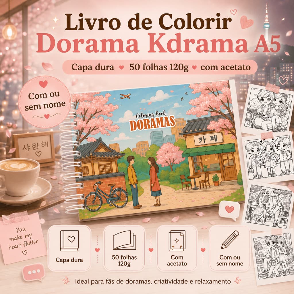 Livro de Colorir Dorama Kdrama A5 Capa Dura 50 Folhas Grossas com Acetato com ou sem Nome