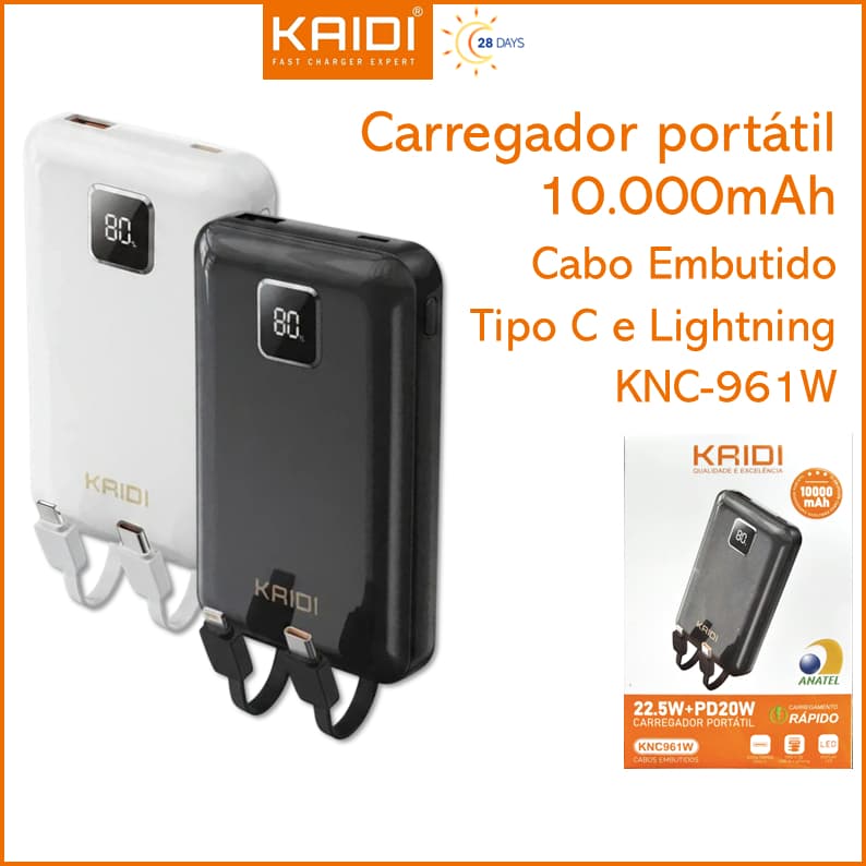 Bateria Portátil Power Bank Turbo com 2 cabos embutidos 10.000mAh KAIDI KNC961W