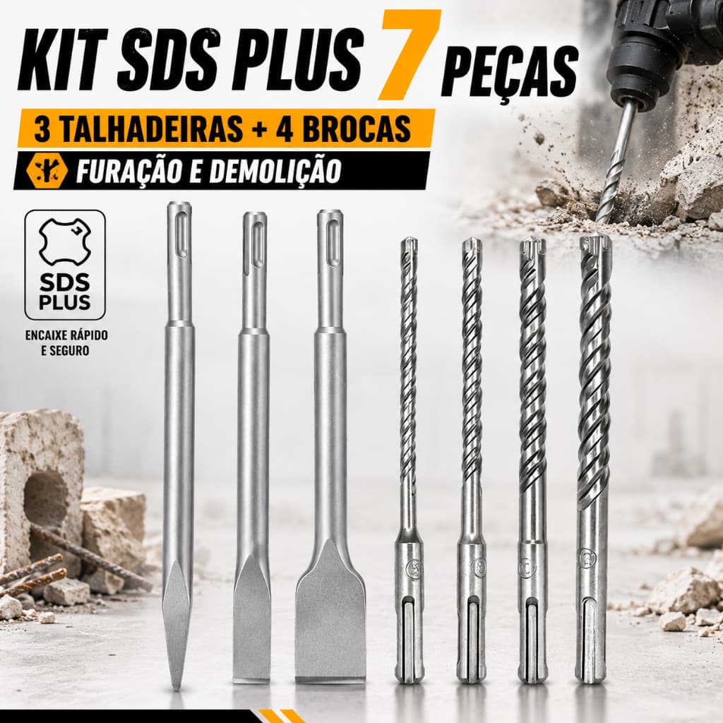 Kit 7 Peças SDS Plus para Martelete Profissional Ponteiro,Talhadeira e Brocas para Demolição e Furação