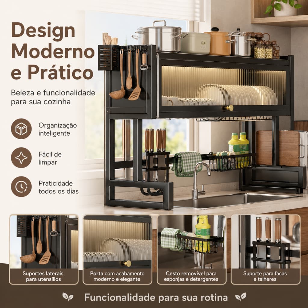 Escorredor De Louça De Pratos Cozinha Suspensa Modular Organizador Estante de Asfalto Duplo Com Porta 85cm