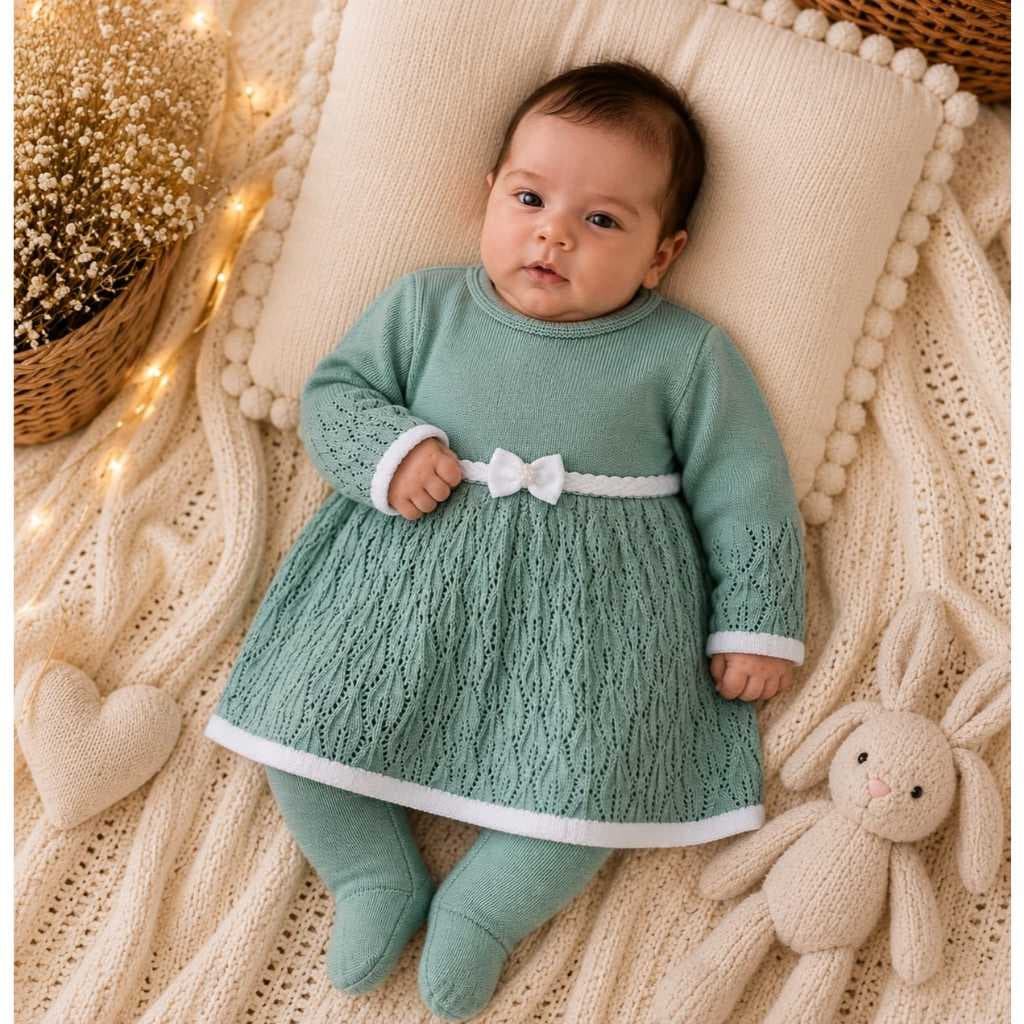 Conjunto Luxo Bebê Menina Vestido Tricô Manga Longa + Calça Saída Maternidade Elegante de Tricot Recém Nascido