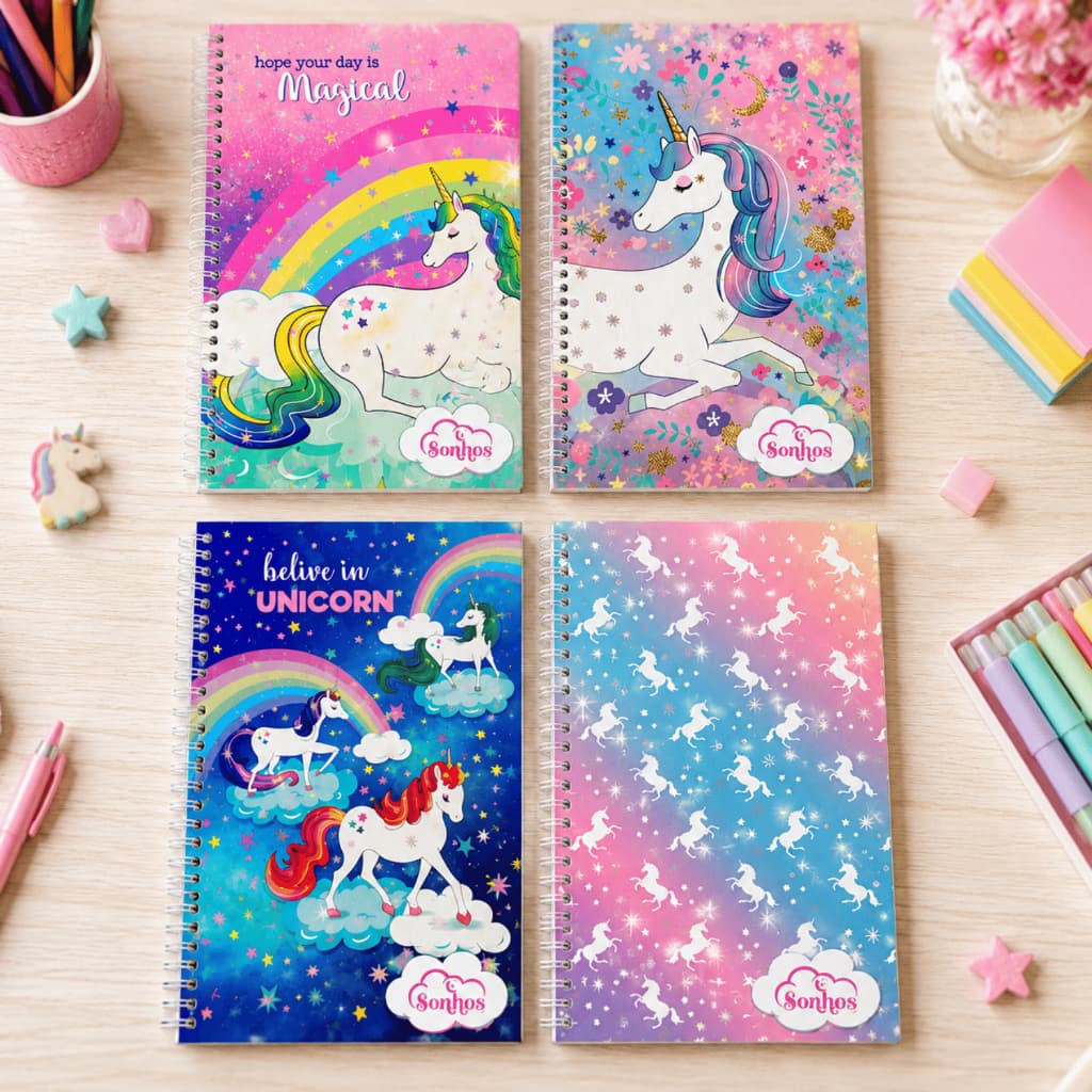 Kit Caderno Escolar Menina 1 Matéria 80 Folhas Espiral Capa Dura Unicornio